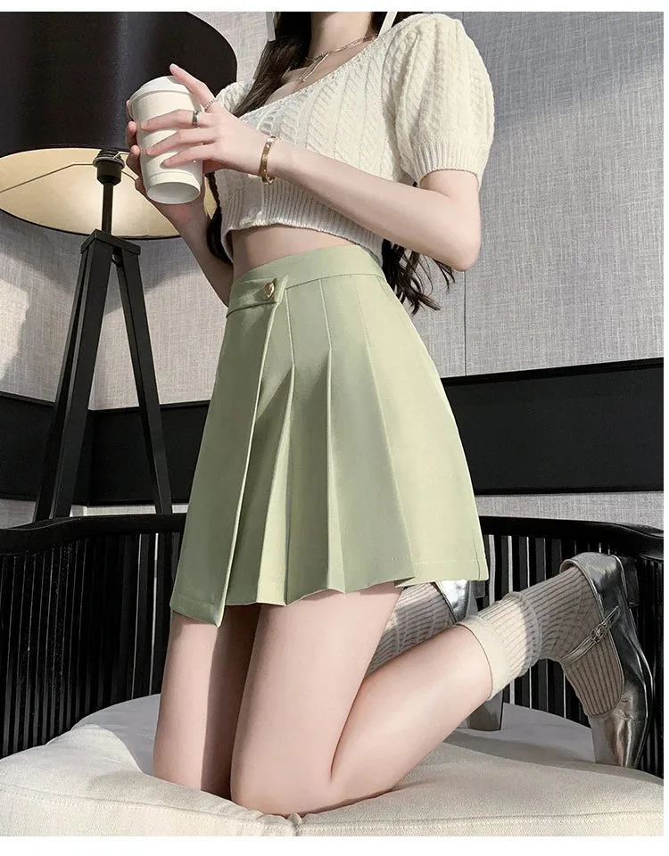 Korean High-Waist A-Line Mini Skirt – Women’s Spring Summer Pleated Irregular Short Skirt with Buttons, Casual Fashion