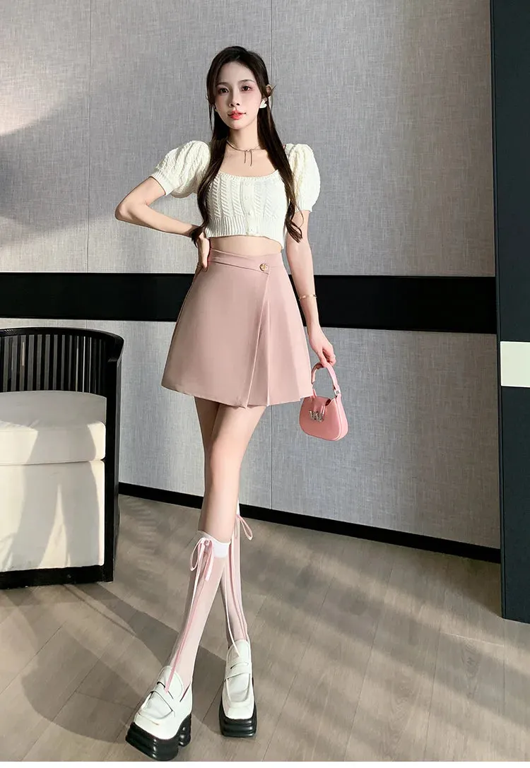 Korean High-Waist A-Line Mini Skirt – Women’s Spring Summer Pleated Irregular Short Skirt with Buttons, Casual Fashion