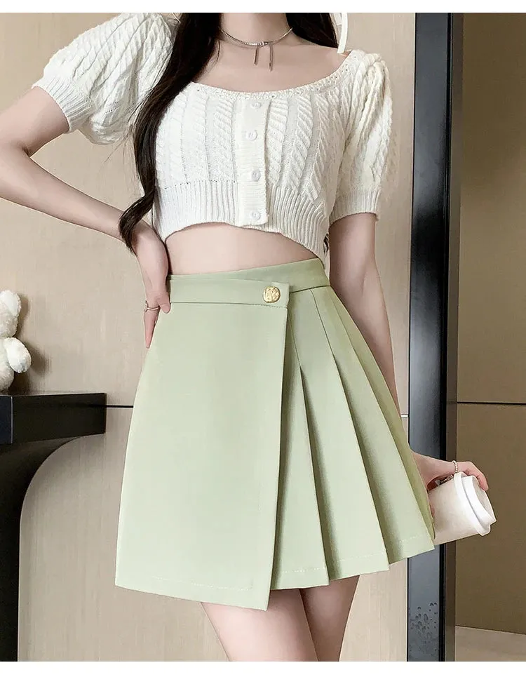 Korean High-Waist A-Line Mini Skirt – Women’s Spring Summer Pleated Irregular Short Skirt with Buttons, Casual Fashion