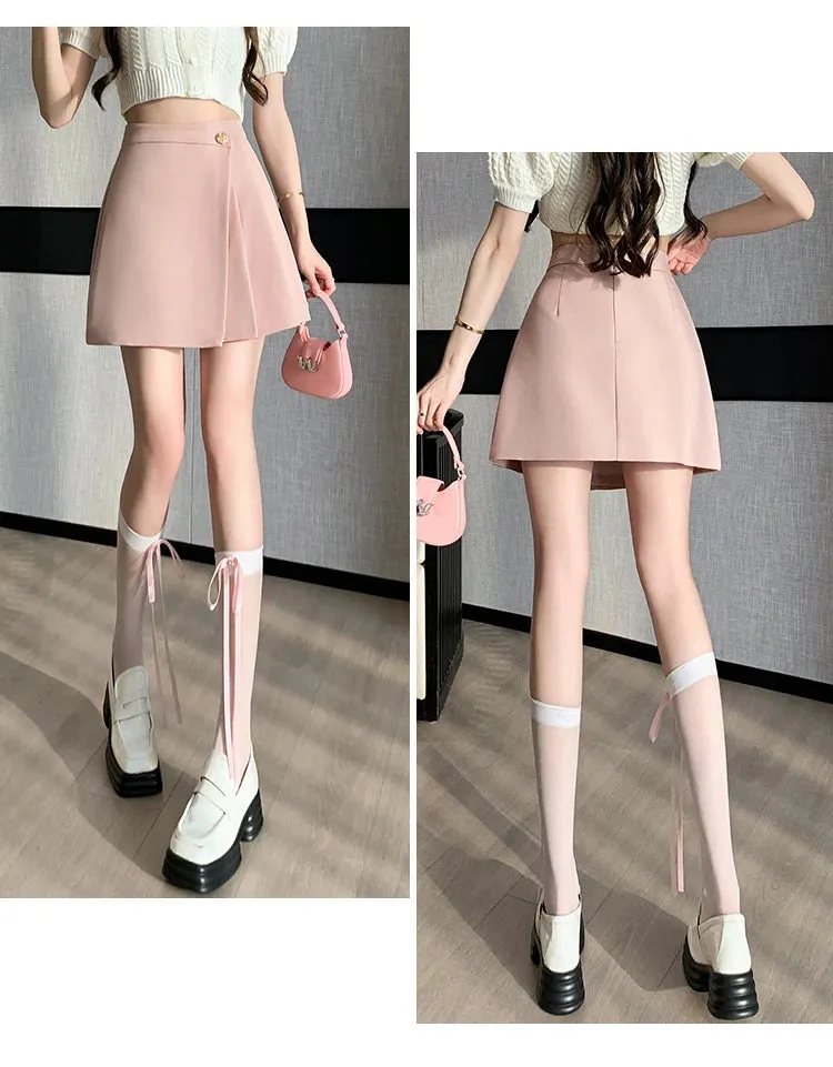 Korean High-Waist A-Line Mini Skirt – Women’s Spring Summer Pleated Irregular Short Skirt with Buttons, Casual Fashion
