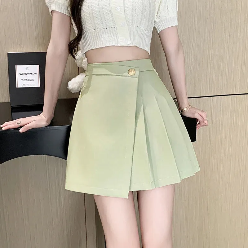 Korean High-Waist A-Line Mini Skirt – Women’s Spring Summer Pleated Irregular Short Skirt with Buttons, Casual Fashion