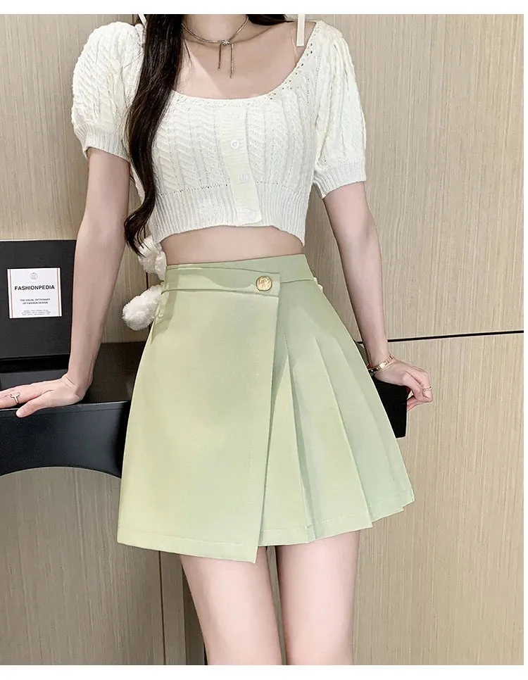 Korean High-Waist A-Line Mini Skirt – Women’s Spring Summer Pleated Irregular Short Skirt with Buttons, Casual Fashion