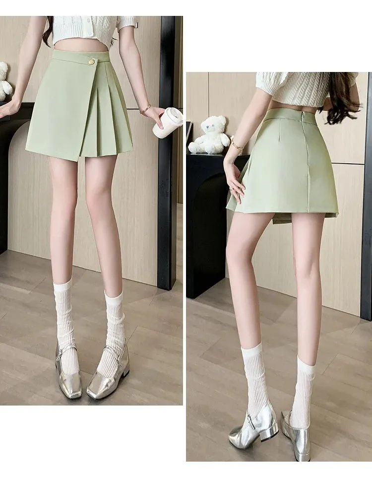 Korean High-Waist A-Line Mini Skirt – Women’s Spring Summer Pleated Irregular Short Skirt with Buttons, Casual Fashion