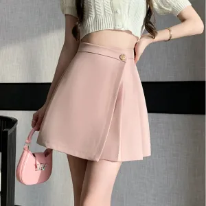 Korean High-Waist A-Line Mini Skirt – Women’s Spring Summer Pleated Irregular Short Skirt with Buttons, Casual Fashion