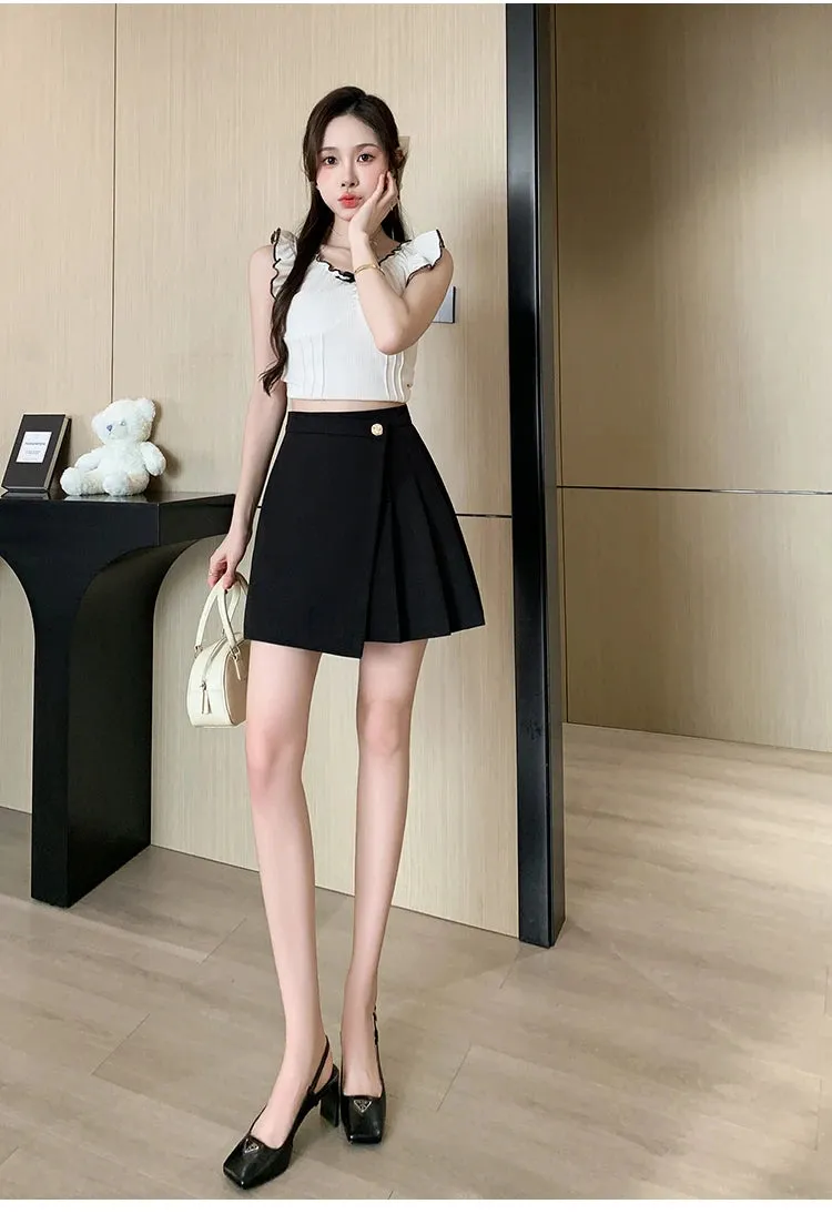 Korean High-Waist A-Line Mini Skirt – Women’s Spring Summer Pleated Irregular Short Skirt with Buttons, Casual Fashion