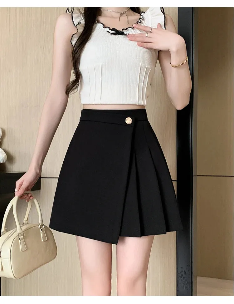 Korean High-Waist A-Line Mini Skirt – Women’s Spring Summer Pleated Irregular Short Skirt with Buttons, Casual Fashion