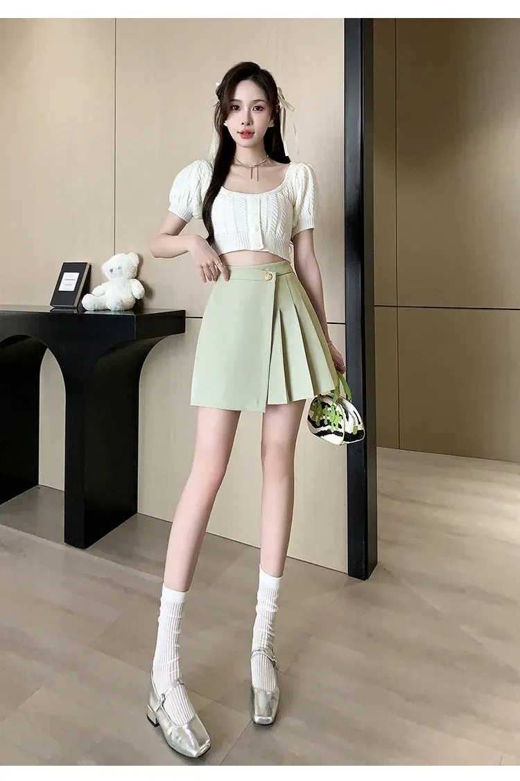 Korean High-Waist A-Line Mini Skirt – Women’s Spring Summer Pleated Irregular Short Skirt with Buttons, Casual Fashion
