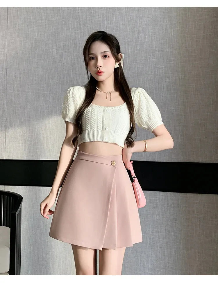 Korean High-Waist A-Line Mini Skirt – Women’s Spring Summer Pleated Irregular Short Skirt with Buttons, Casual Fashion