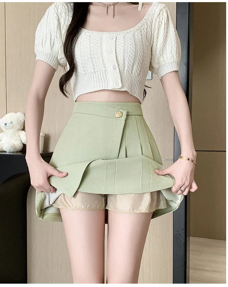 Korean High-Waist A-Line Mini Skirt – Women’s Spring Summer Pleated Irregular Short Skirt with Buttons, Casual Fashion