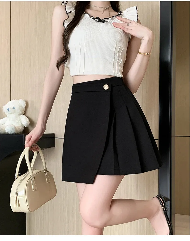 Korean High-Waist A-Line Mini Skirt – Women’s Spring Summer Pleated Irregular Short Skirt with Buttons, Casual Fashion