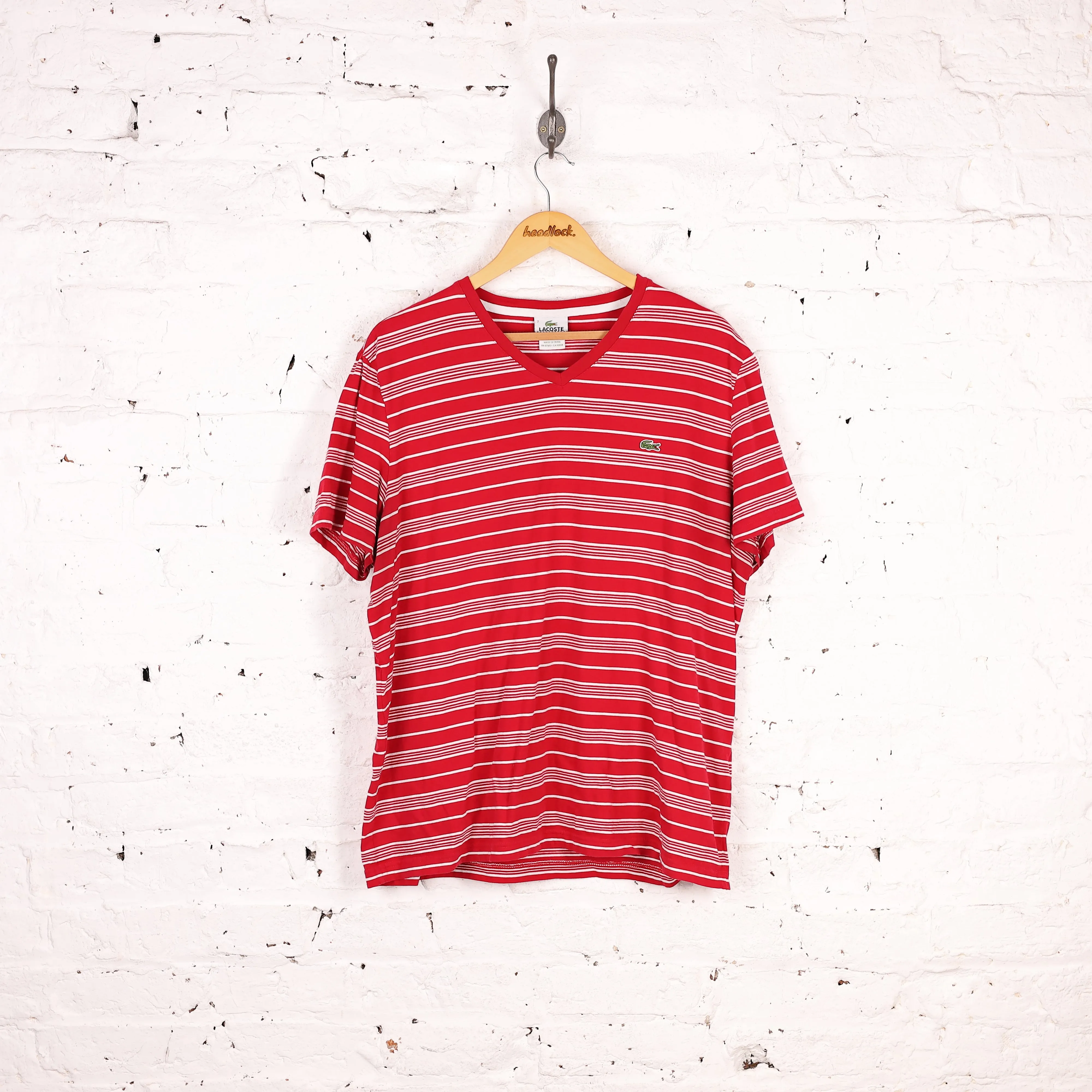 Lacoste V Neck Striped T Shirt - Red - L
