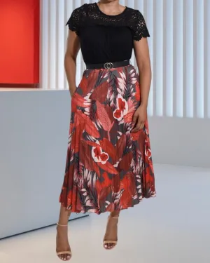 Ladies Tropical Print Grey Pleated Skirt