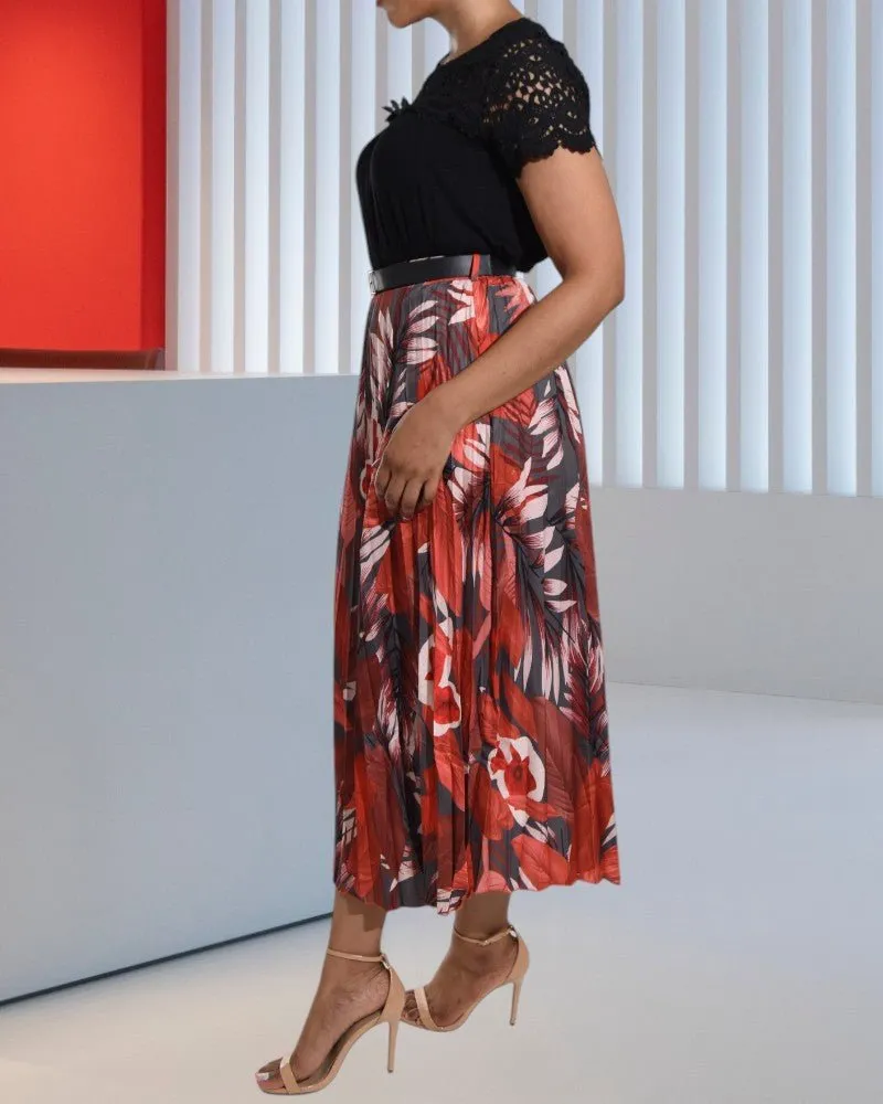 Ladies Tropical Print Grey Pleated Skirt