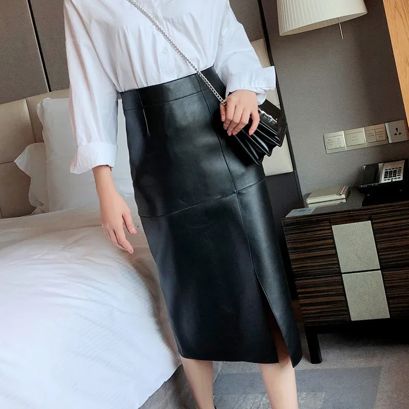 Lady Genuine Leather Skirt High Waisted Simple Split One Step Slimming Long Skirt Sheepskin Wrap Hip Skirt TF3911
