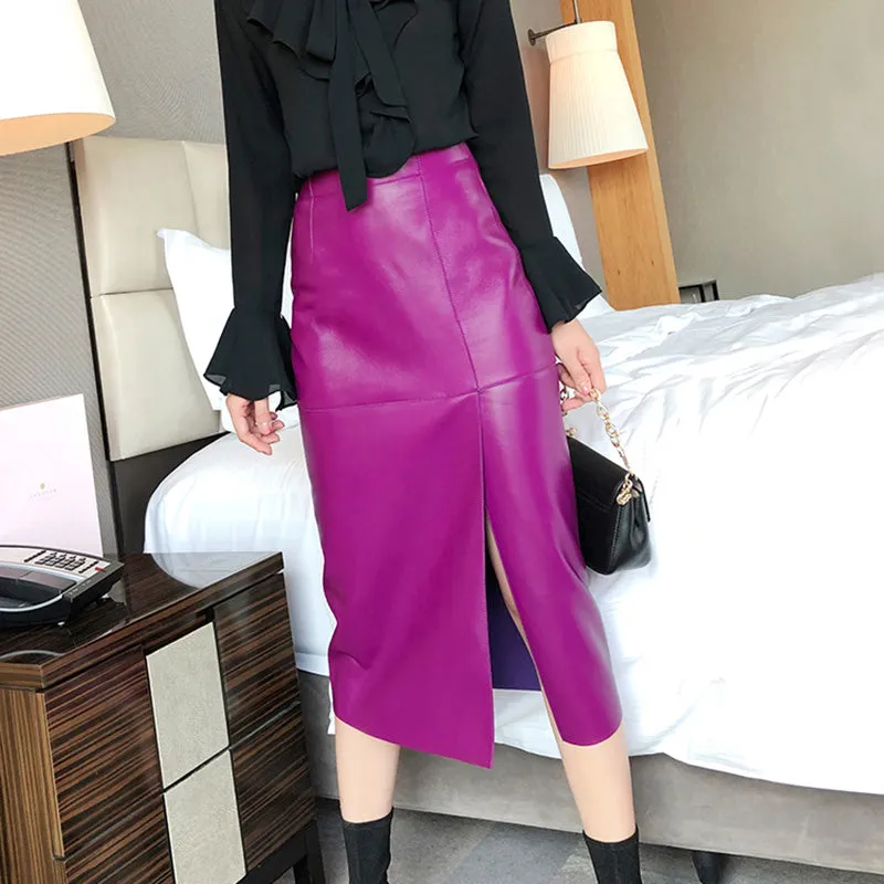 Lady Genuine Leather Skirt High Waisted Simple Split One Step Slimming Long Skirt Sheepskin Wrap Hip Skirt TF3911