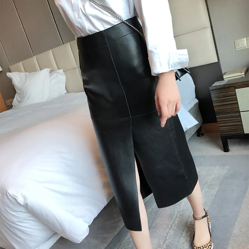 Lady Genuine Leather Skirt High Waisted Simple Split One Step Slimming Long Skirt Sheepskin Wrap Hip Skirt TF3911