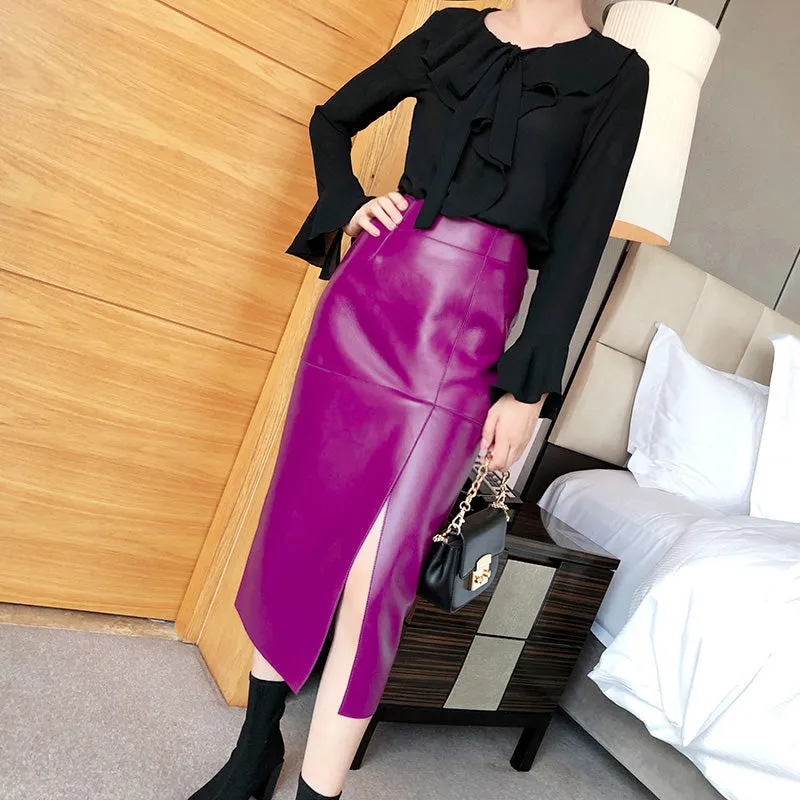 Lady Genuine Leather Skirt High Waisted Simple Split One Step Slimming Long Skirt Sheepskin Wrap Hip Skirt TF3911
