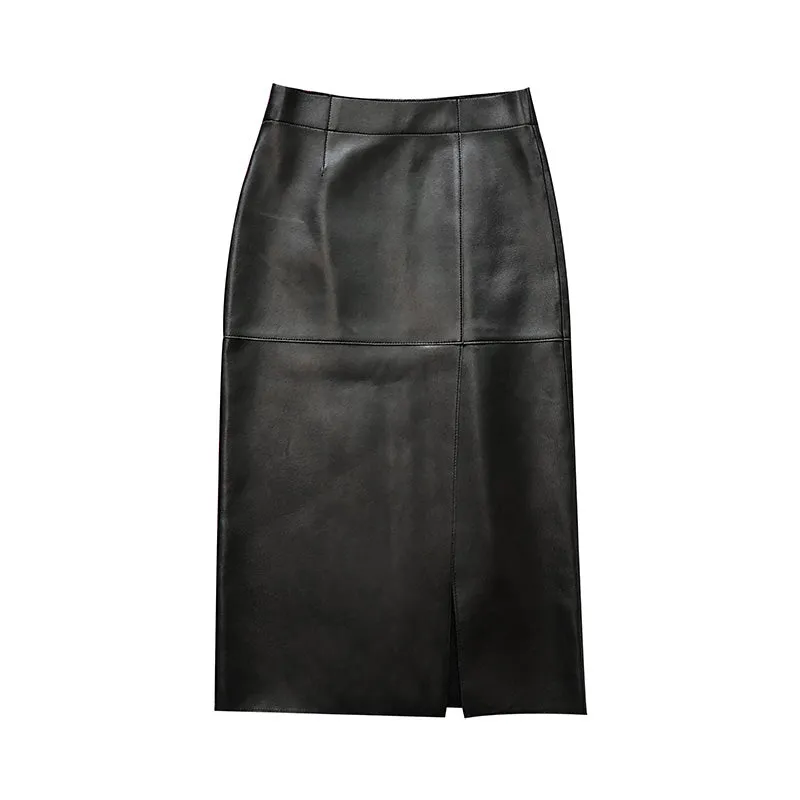 Lady Genuine Leather Skirt High Waisted Simple Split One Step Slimming Long Skirt Sheepskin Wrap Hip Skirt TF3911