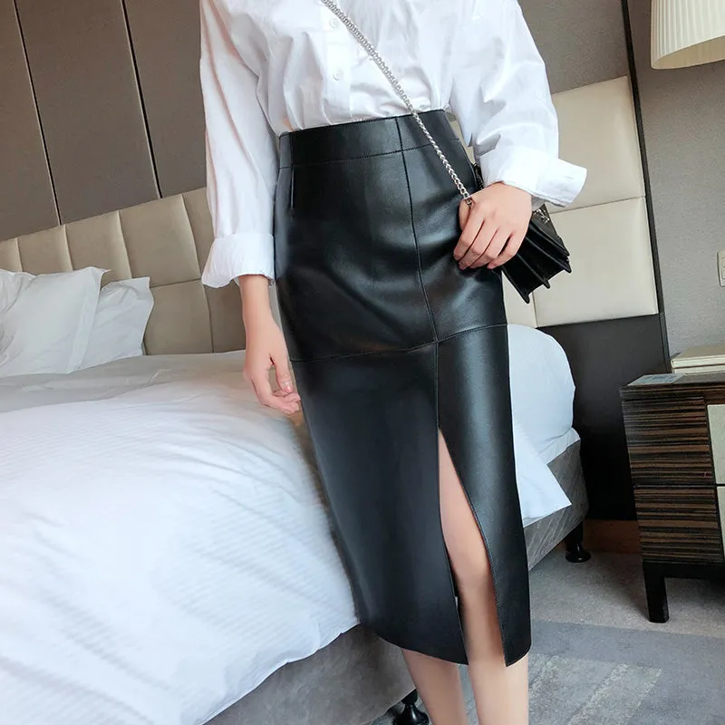 Lady Genuine Leather Skirt High Waisted Simple Split One Step Slimming Long Skirt Sheepskin Wrap Hip Skirt TF3911