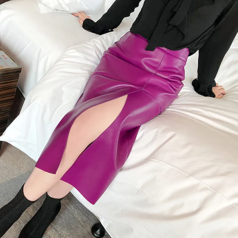 Lady Genuine Leather Skirt High Waisted Simple Split One Step Slimming Long Skirt Sheepskin Wrap Hip Skirt TF3911