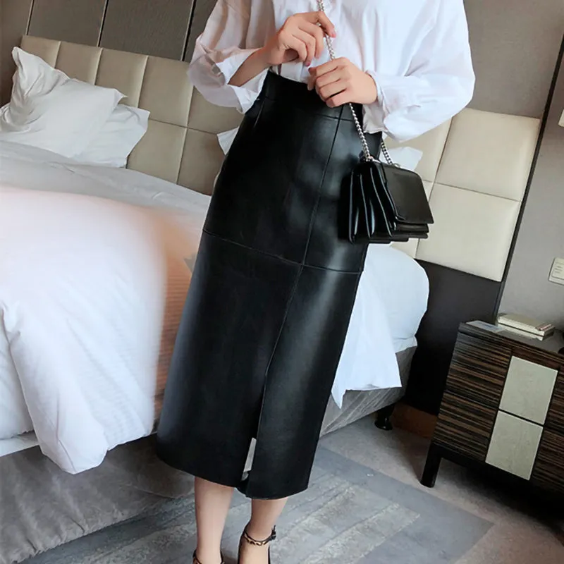 Lady Genuine Leather Skirt High Waisted Simple Split One Step Slimming Long Skirt Sheepskin Wrap Hip Skirt TF3911