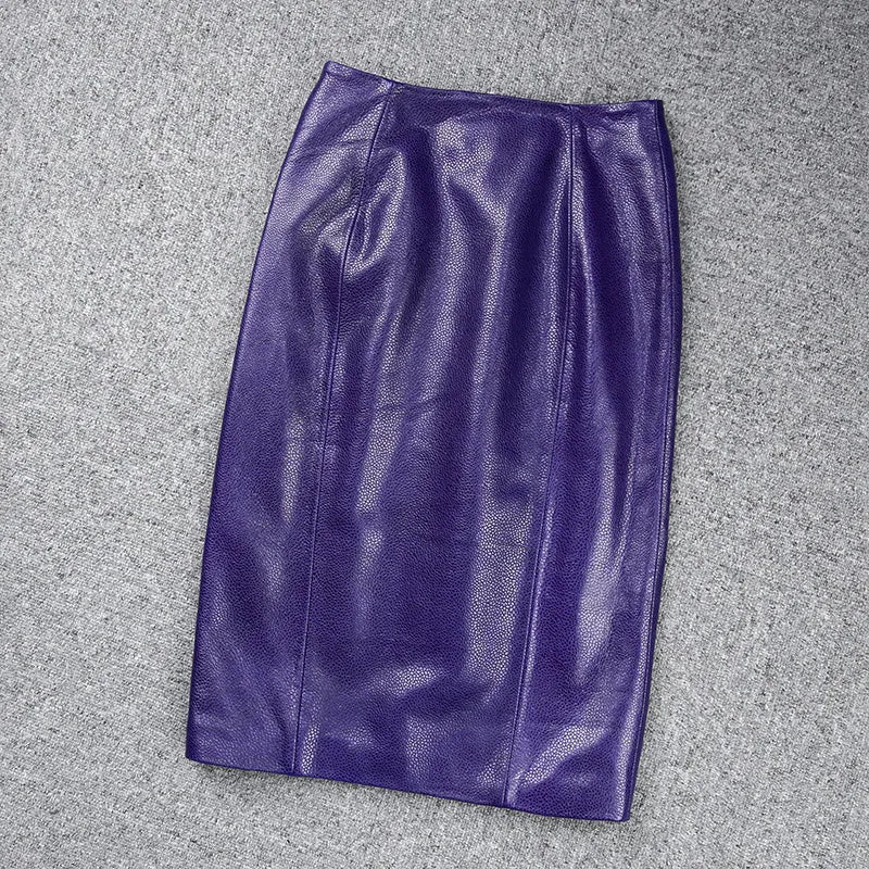 Lady Leather Sheepskin Skirt Zip High Waist Sexy Hip Wrap Slit Pebbled Short Dress 2022 Autumn Winter New TF4746