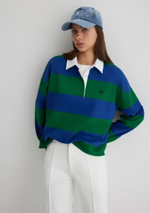Long Sleeve Green Striped Polo T-Shirt