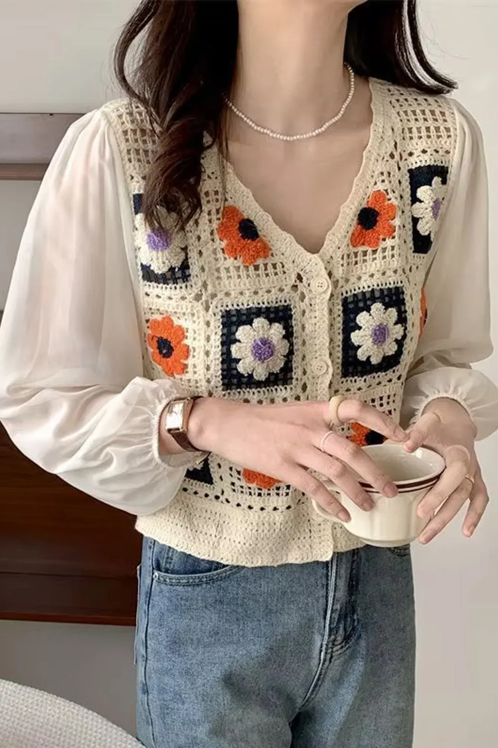 Long Sleeve Transparent  V-Neck Crochet Shirts