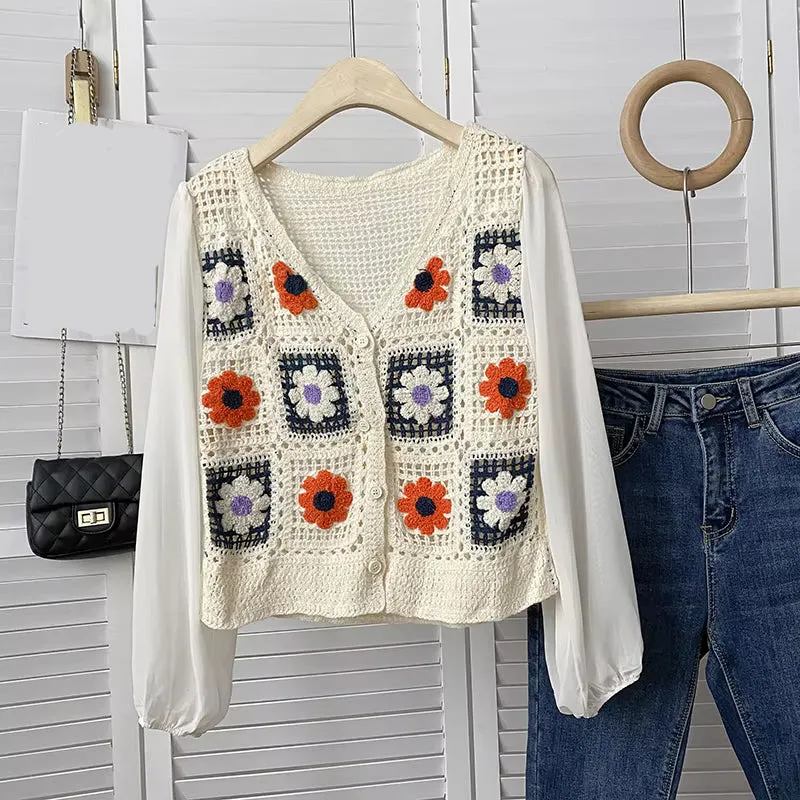 Long Sleeve Transparent  V-Neck Crochet Shirts