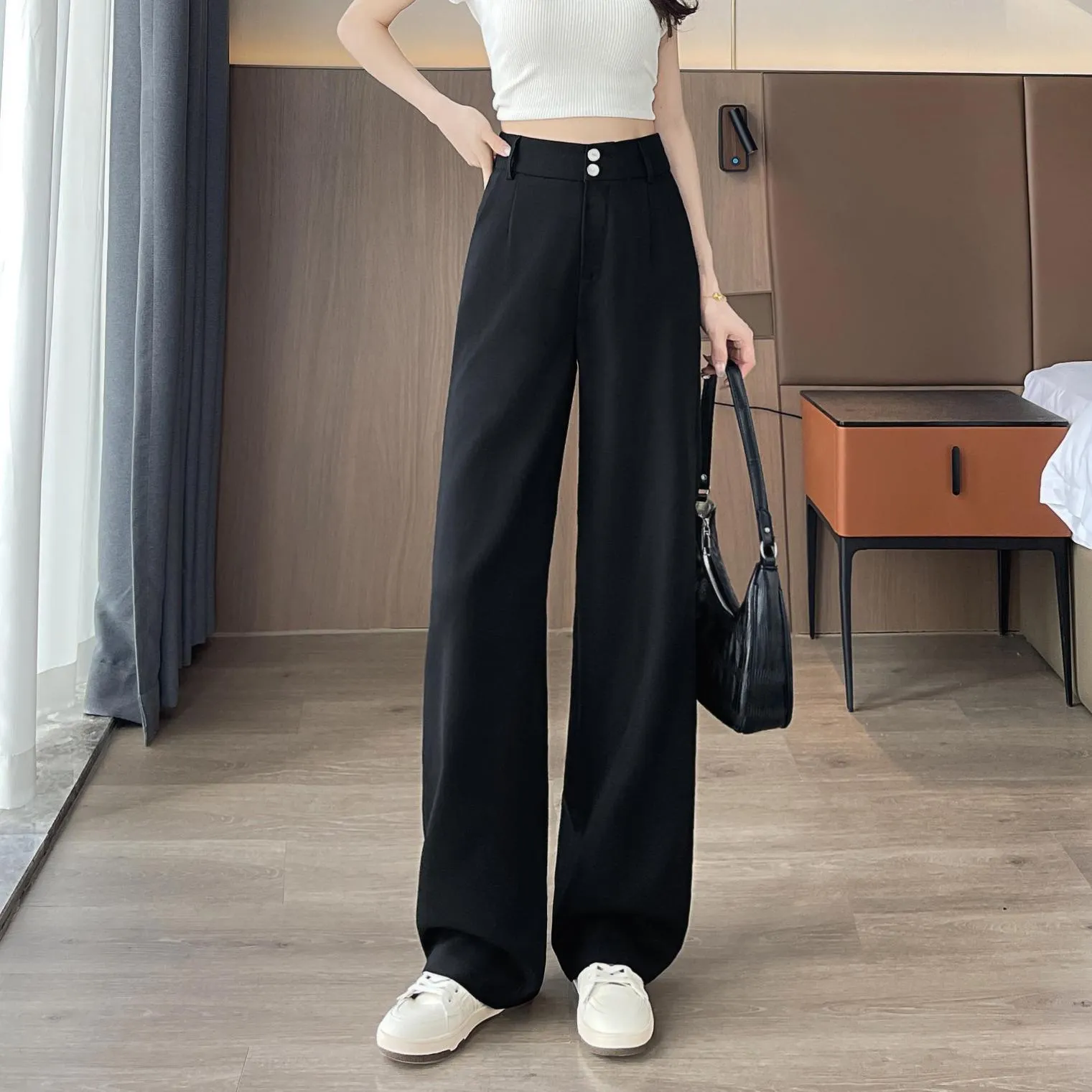 Low Waisted Solid Color Straight-Leg Pants for Women