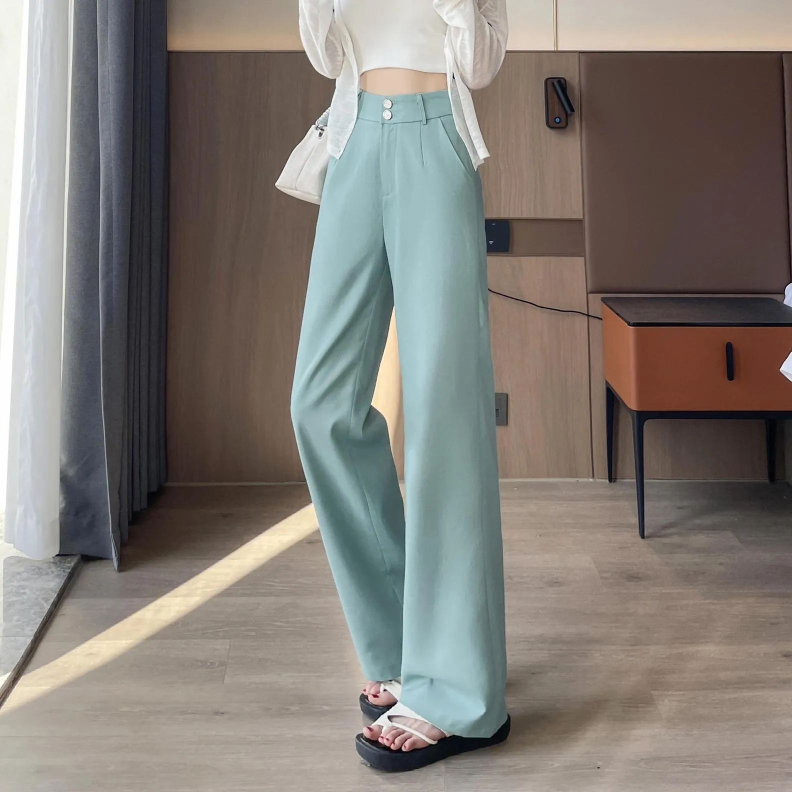 Low Waisted Solid Color Straight-Leg Pants for Women