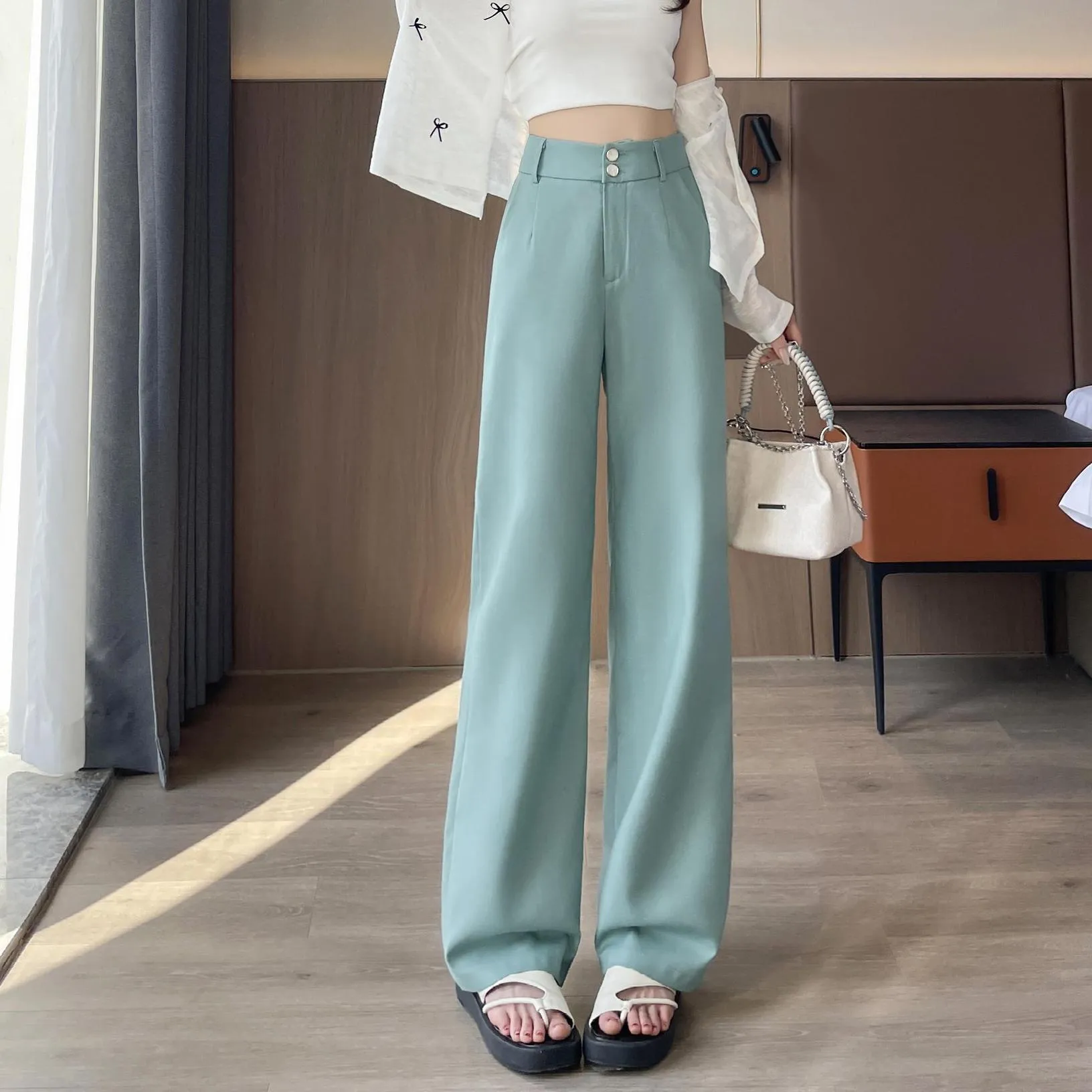 Low Waisted Solid Color Straight-Leg Pants for Women