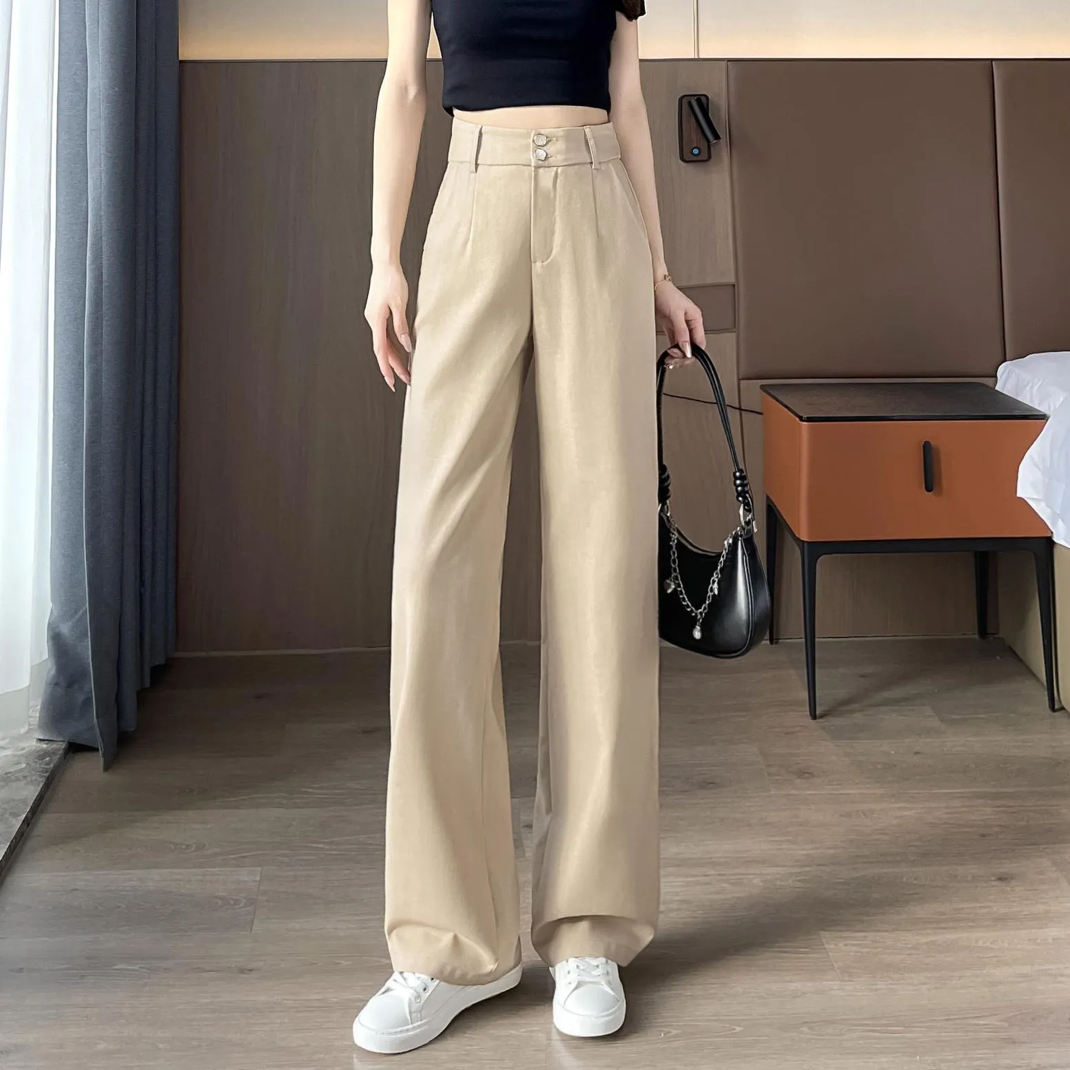 Low Waisted Solid Color Straight-Leg Pants for Women