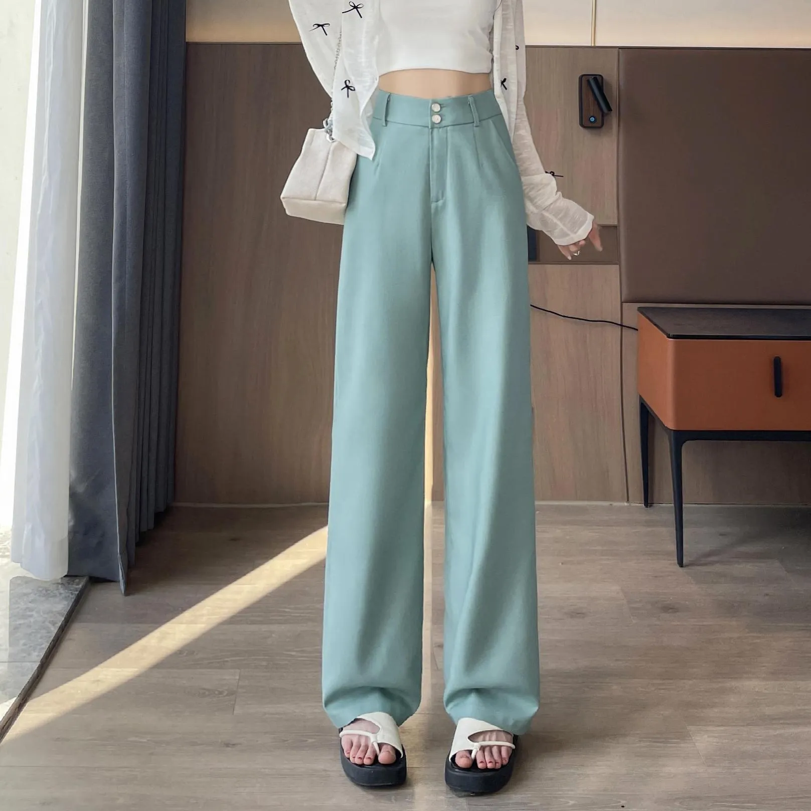 Low Waisted Solid Color Straight-Leg Pants for Women
