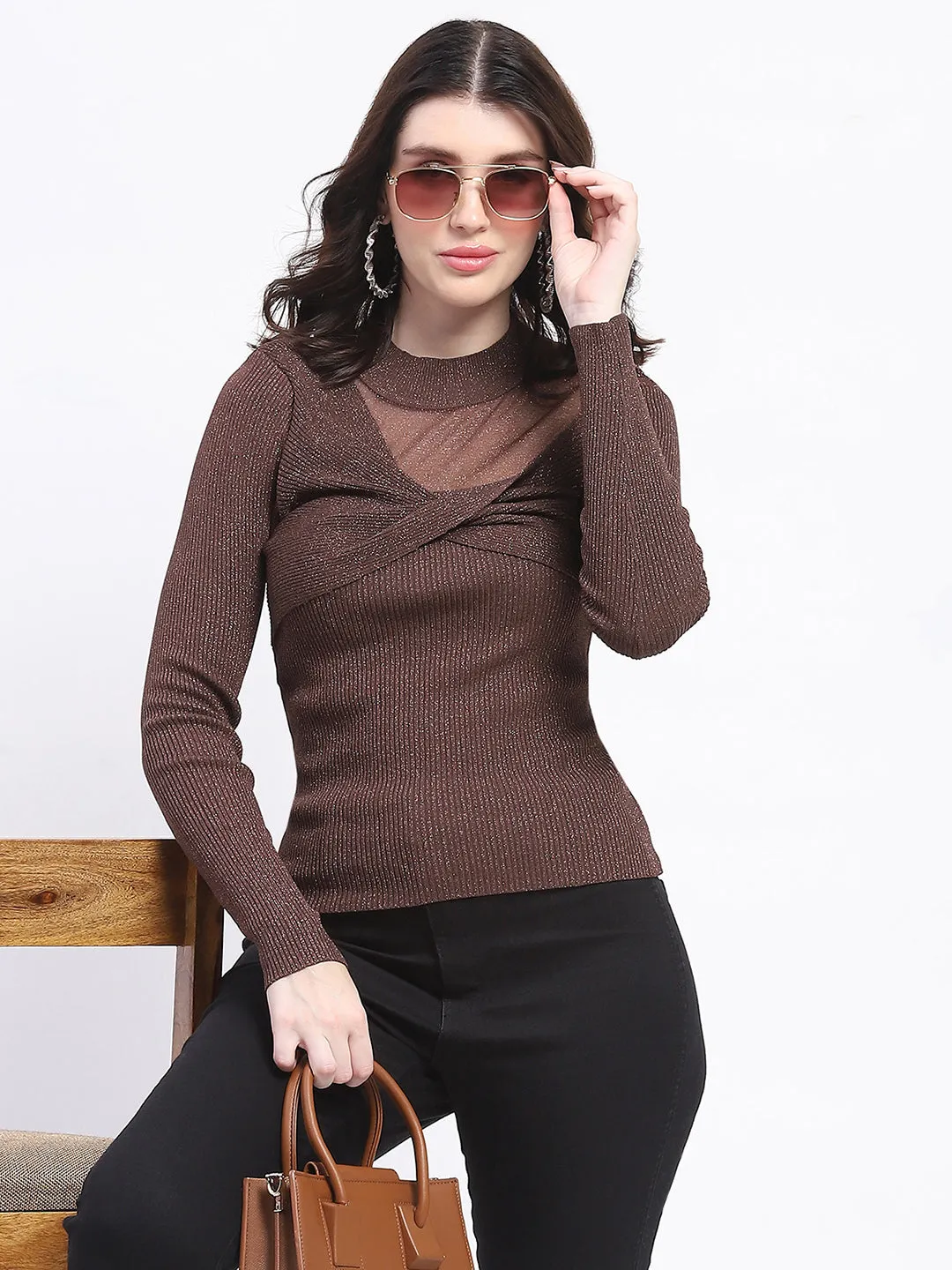 Madame Shimmery Mock Neck Wrap Brown Sweater