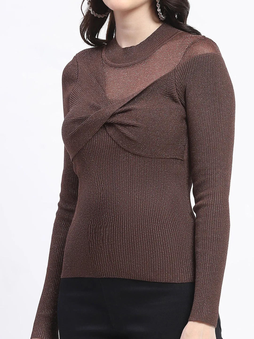 Madame Shimmery Mock Neck Wrap Brown Sweater