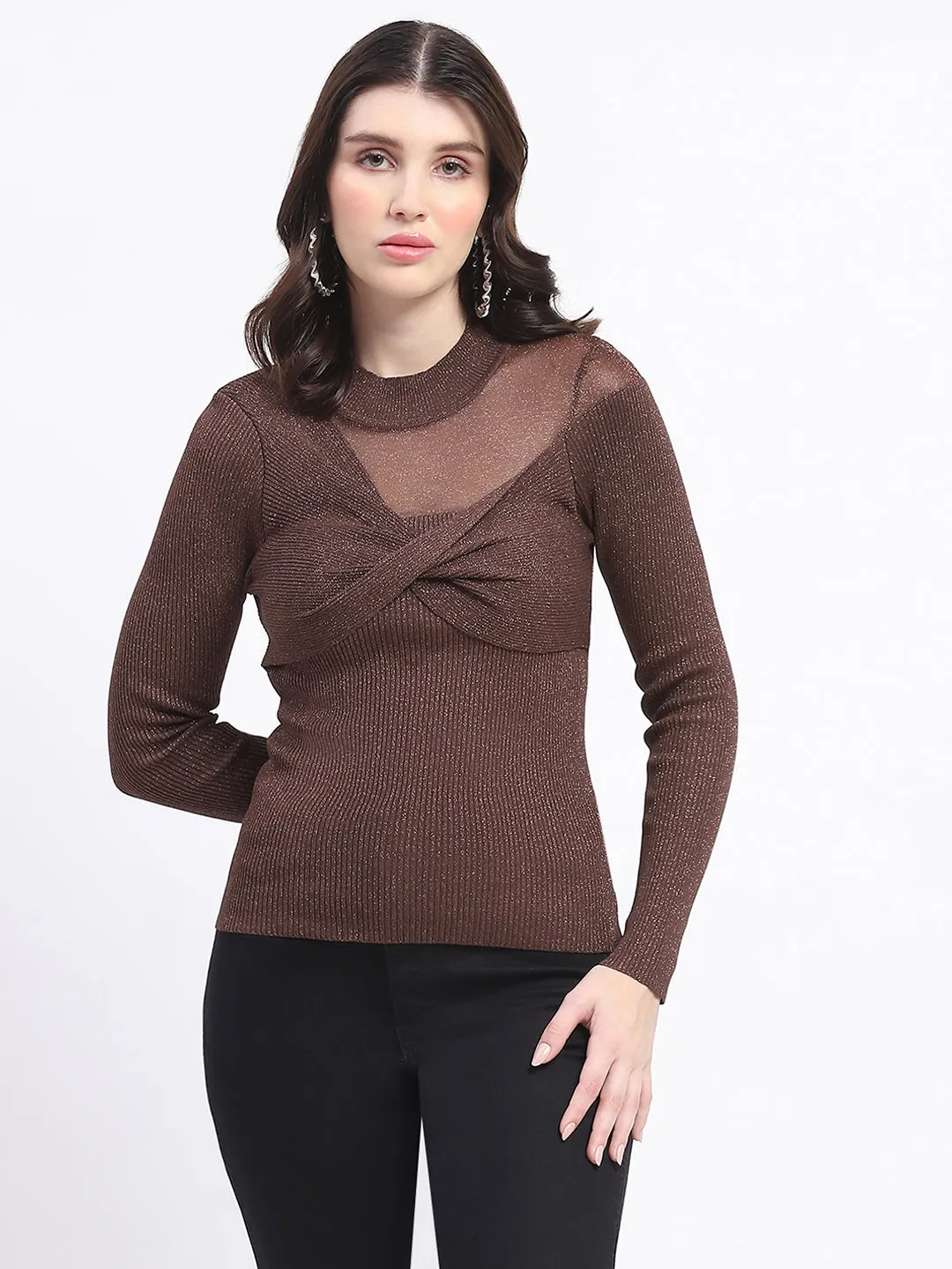 Madame Shimmery Mock Neck Wrap Brown Sweater