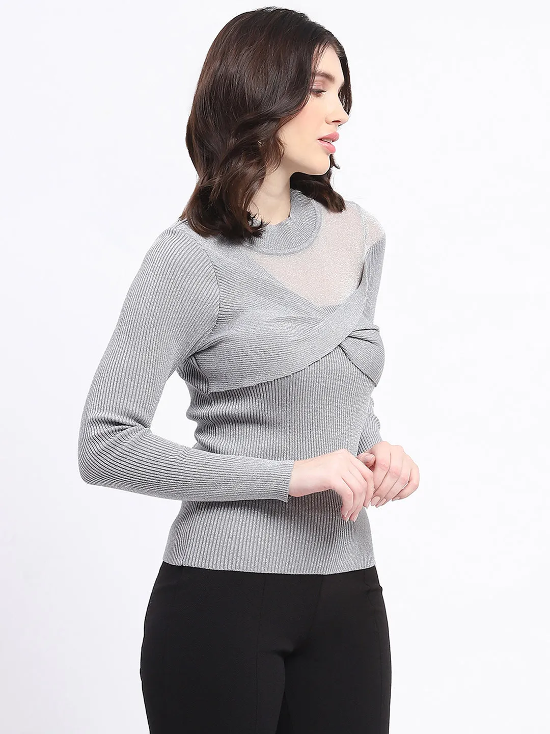 Madame Shimmery Mock Neck Wrap Grey Sweater
