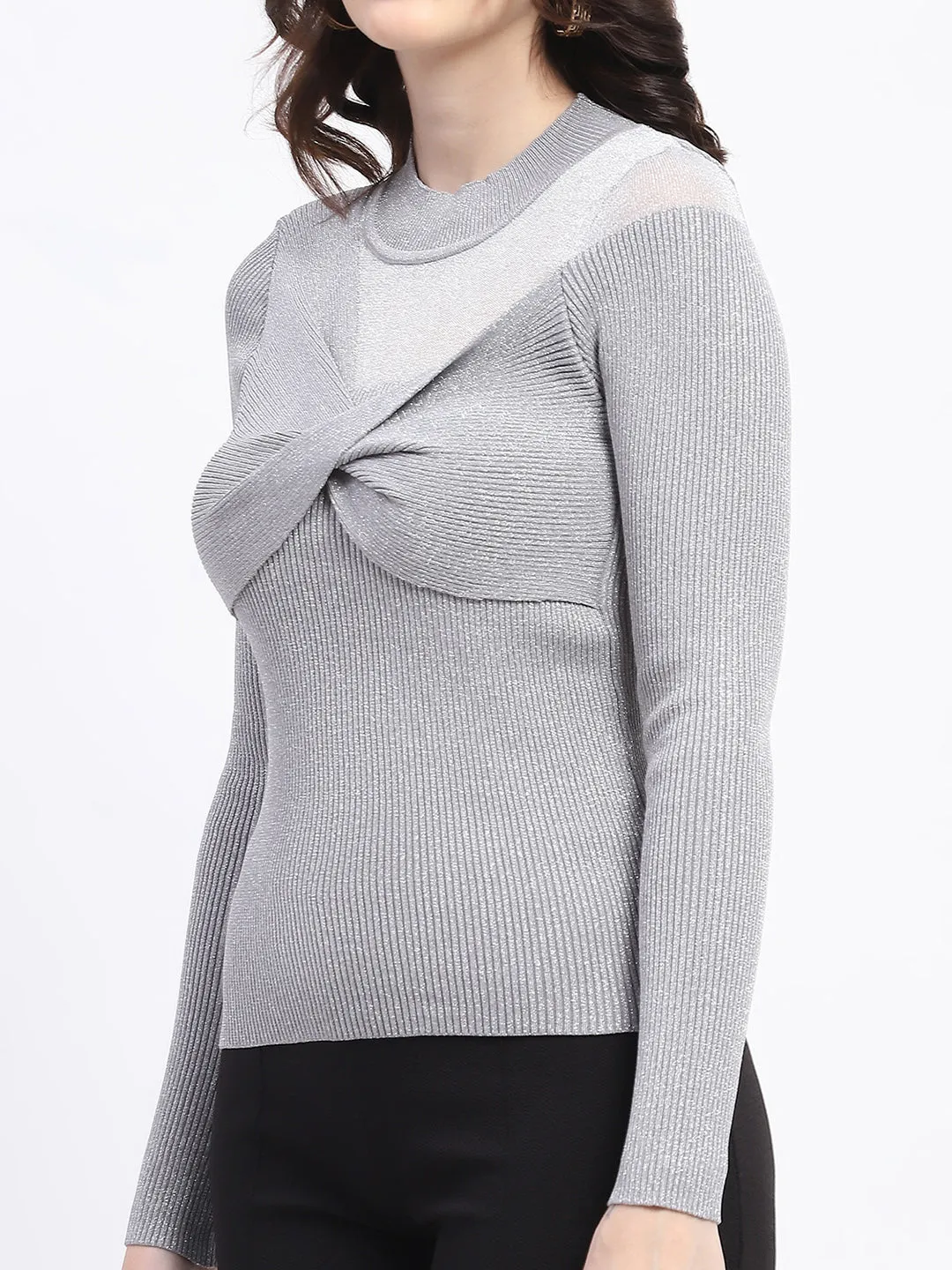 Madame Shimmery Mock Neck Wrap Grey Sweater