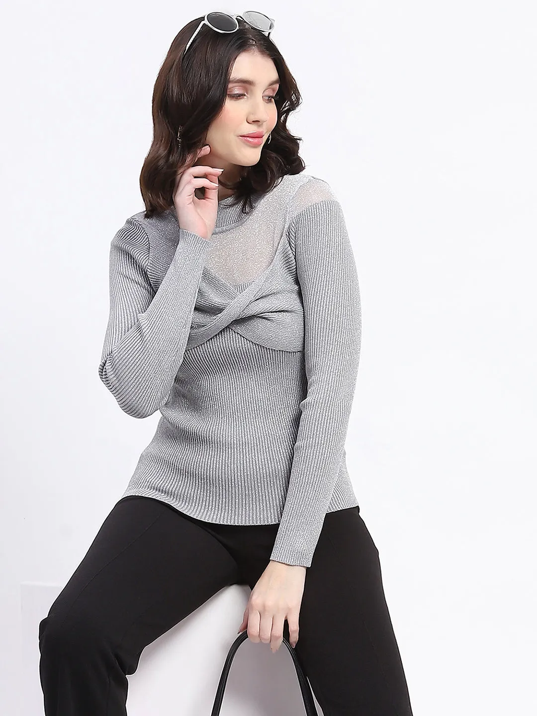 Madame Shimmery Mock Neck Wrap Grey Sweater