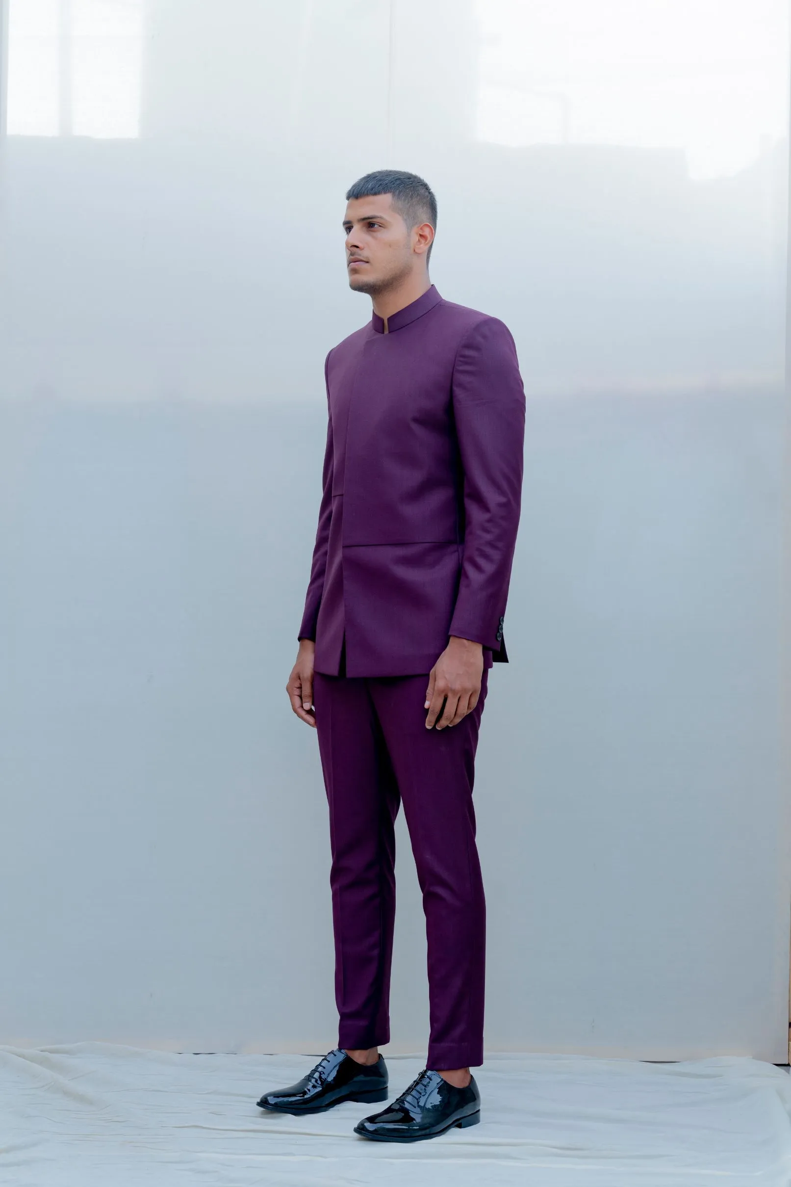 Majestic- Wine Asymmetric Indo-Western Jacket Set