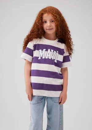 Mavi Logo Printed Purple Striped T-Shirt