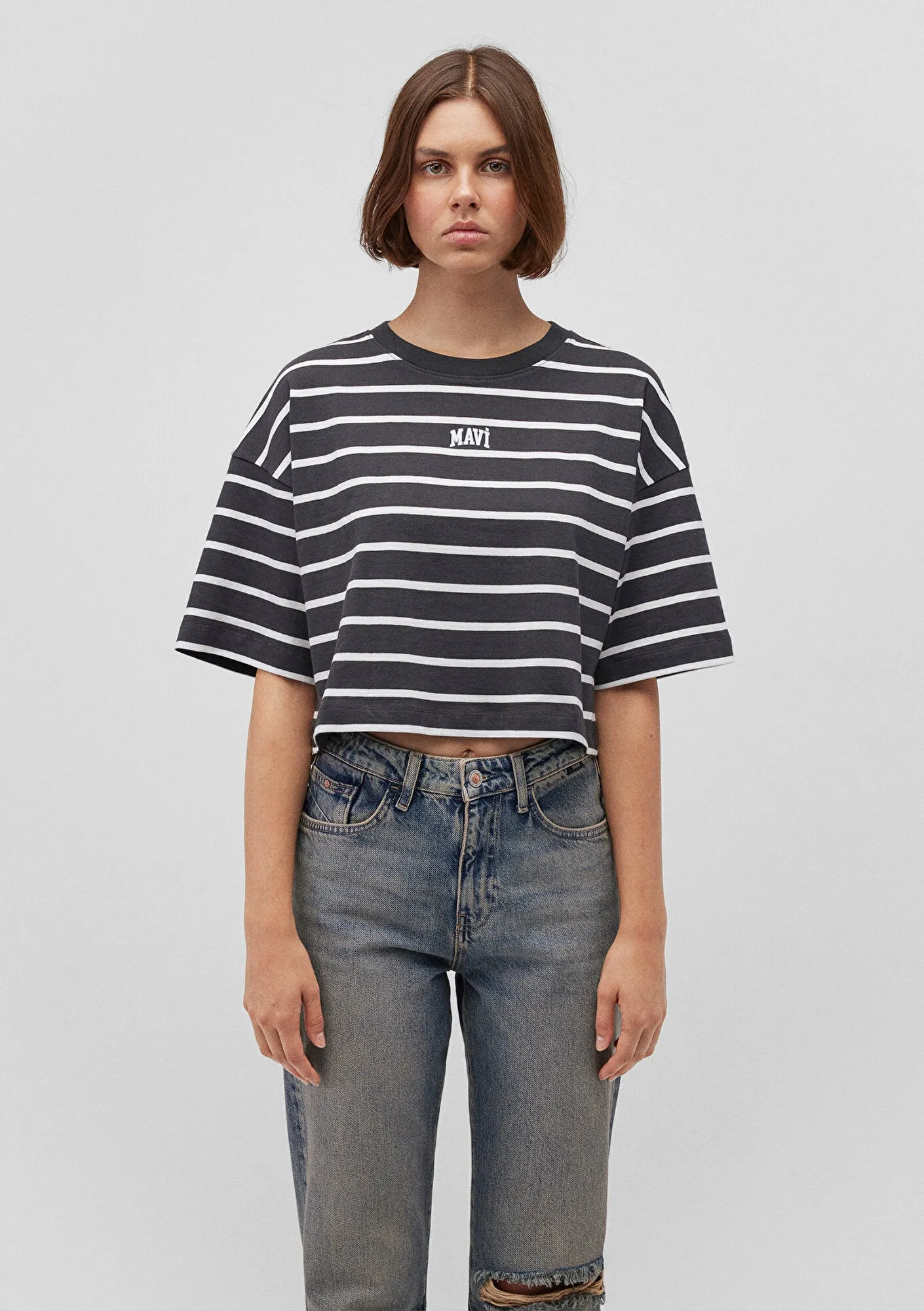 Mavi Logo Printed White Striped T-Shirt