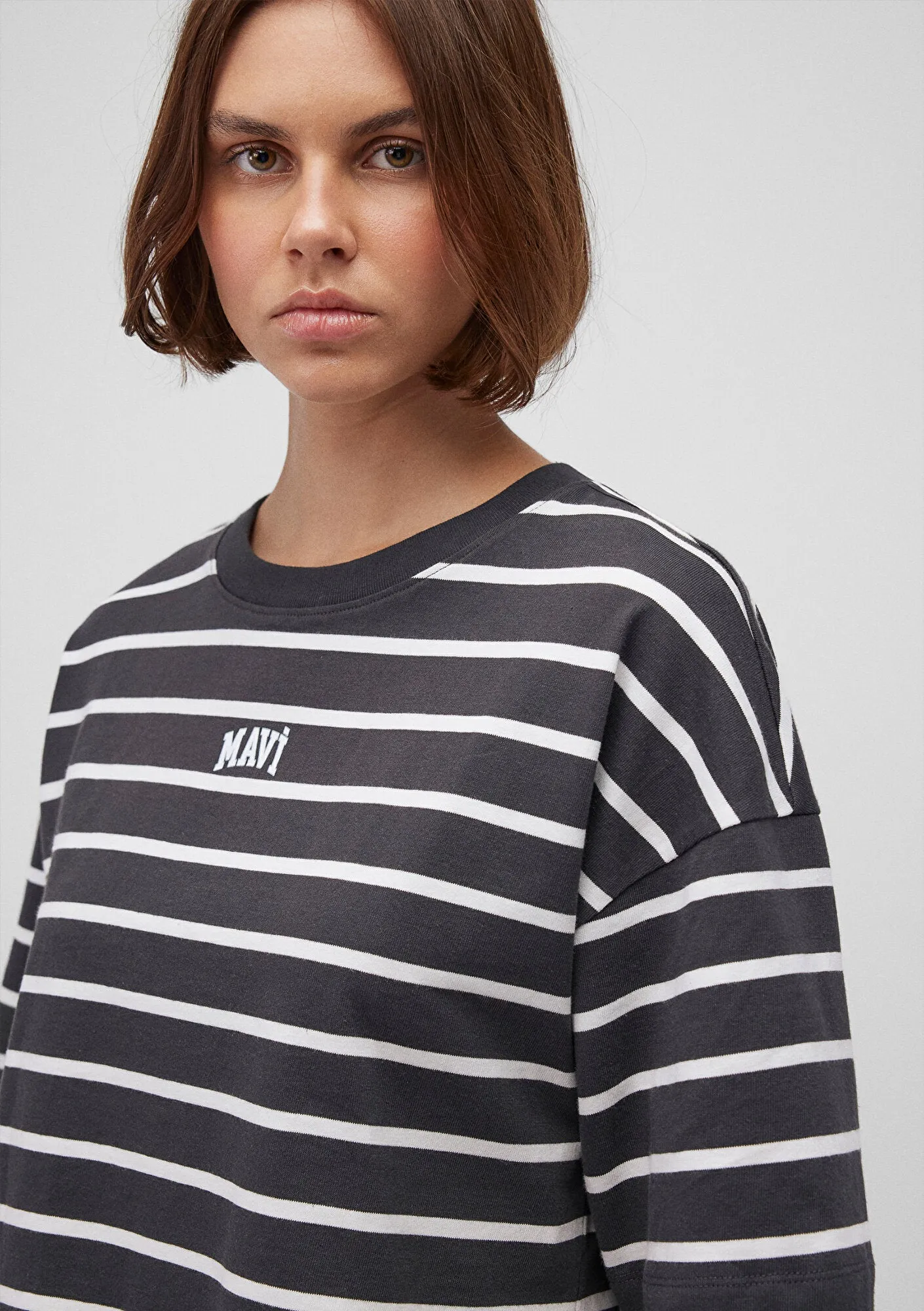 Mavi Logo Printed White Striped T-Shirt