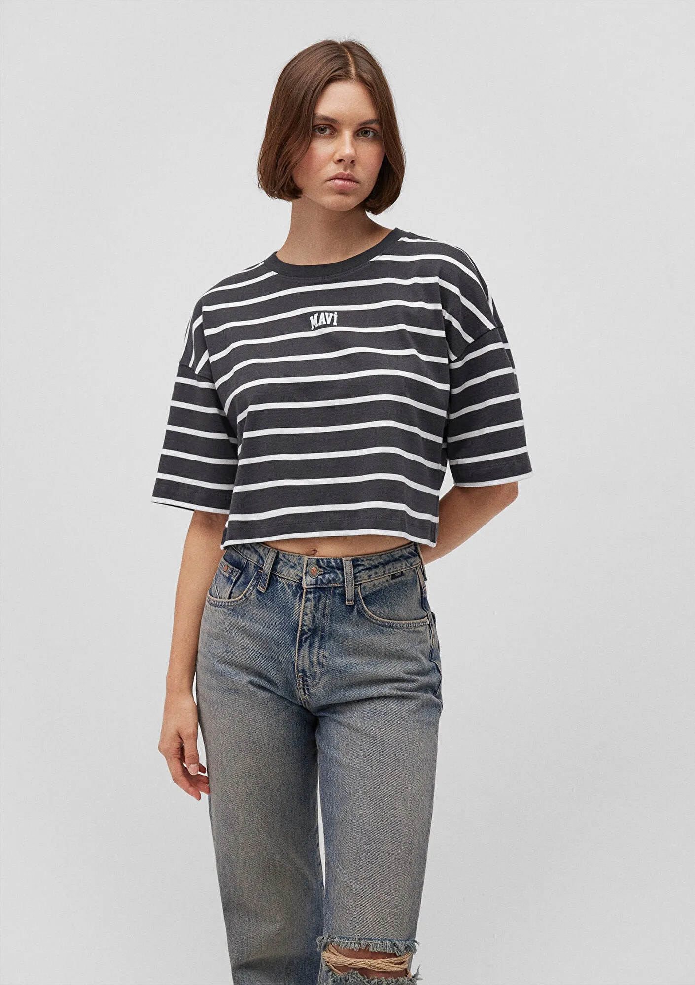 Mavi Logo Printed White Striped T-Shirt
