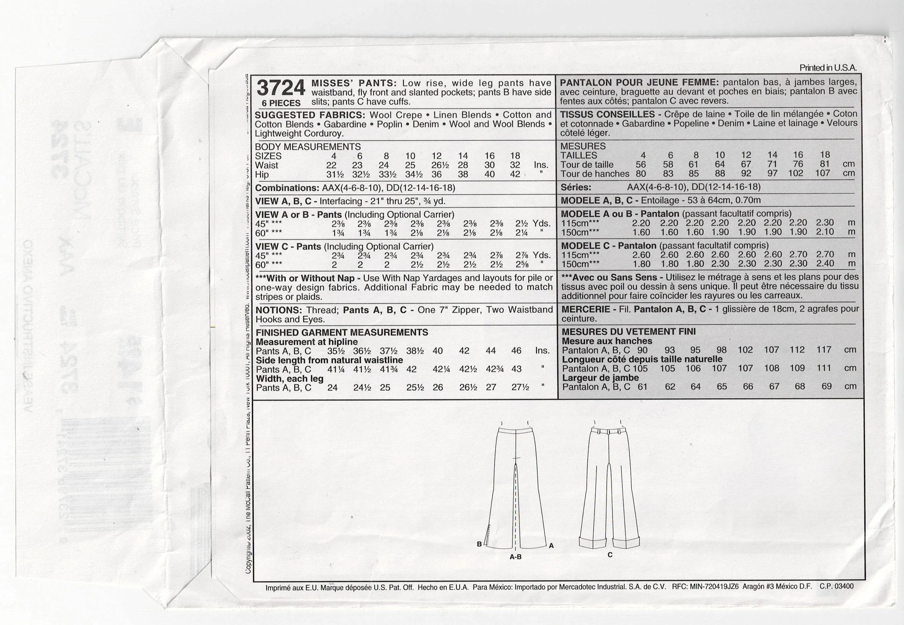 McCall's 3724 Womens Low Rise Hipster Wide Leg Pants Out Of Print Sewing Pattern Sizes 4 - 10 UNCUT Factory Folded