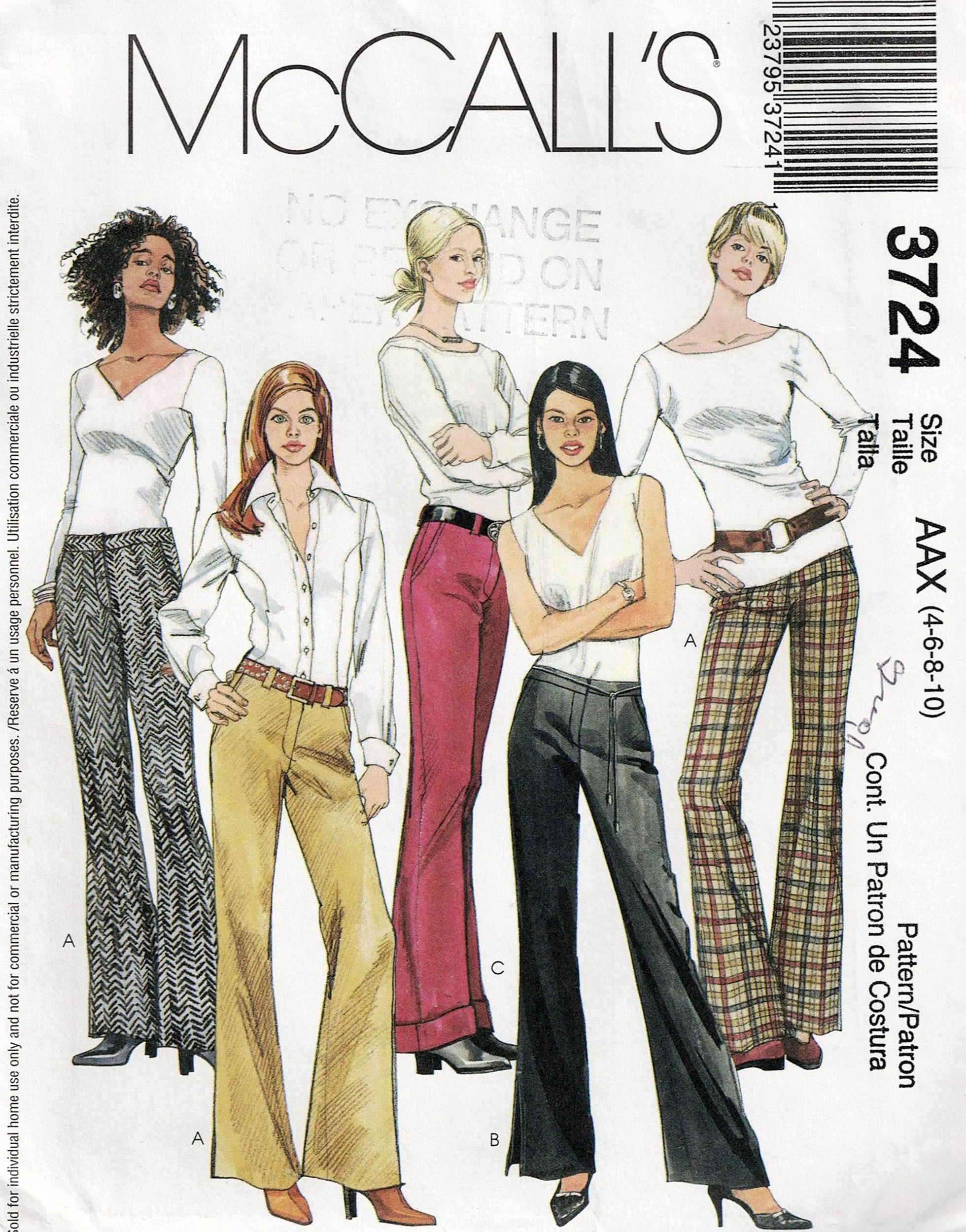 McCall's 3724 Womens Low Rise Hipster Wide Leg Pants Out Of Print Sewing Pattern Sizes 4 - 10 UNCUT Factory Folded