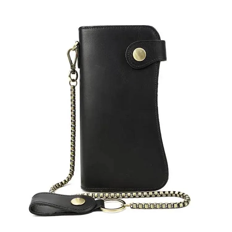 Men’s Leather Wallet with Iron Chain Clip Purse Long Fashion Wallet