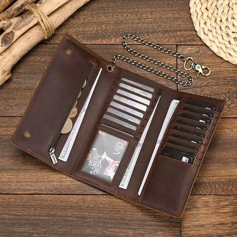Men’s Leather Wallet with Iron Chain Clip Purse Long Fashion Wallet