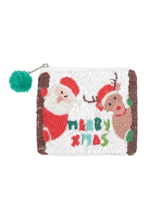 MERRY CHRISTMAS SANTA, REINDEER SEQUIN AND SEED BEADS COIN POUCH
